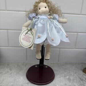 Vintage Greentree music box 8” doll of the month Aquarius with tags, stand.